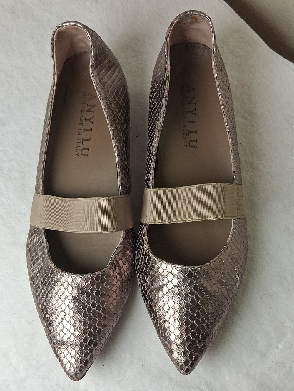 Anyi Lu Metallic Rose Gold Snake-Embossed Pointed Mary Jane Flats